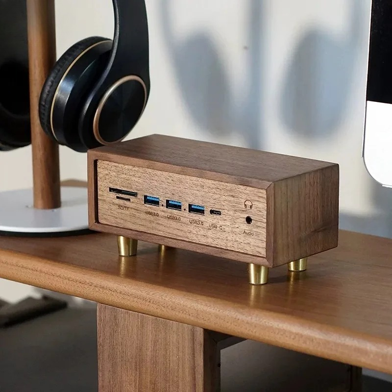 Desk Setup Black And Wood - クリエイティブデスクセットアップ 無垢材ブラックウォールナット製 コンピューター用USB3.0マルチポートカードリーダー、12-in-1スプリッター、ドッキングステーションハブ