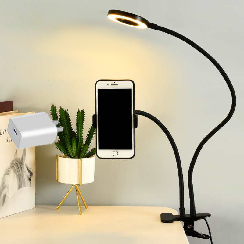 Desk Setup Room - 汎用性の高い、柔軟に調整可能なスマートフォンホルダー。自撮り用リングライト、オフィス用、怠惰な姿勢でも使えるスタンド、デスクランプ、ライブ配信用の補助照明として使えるLEDライト付き。