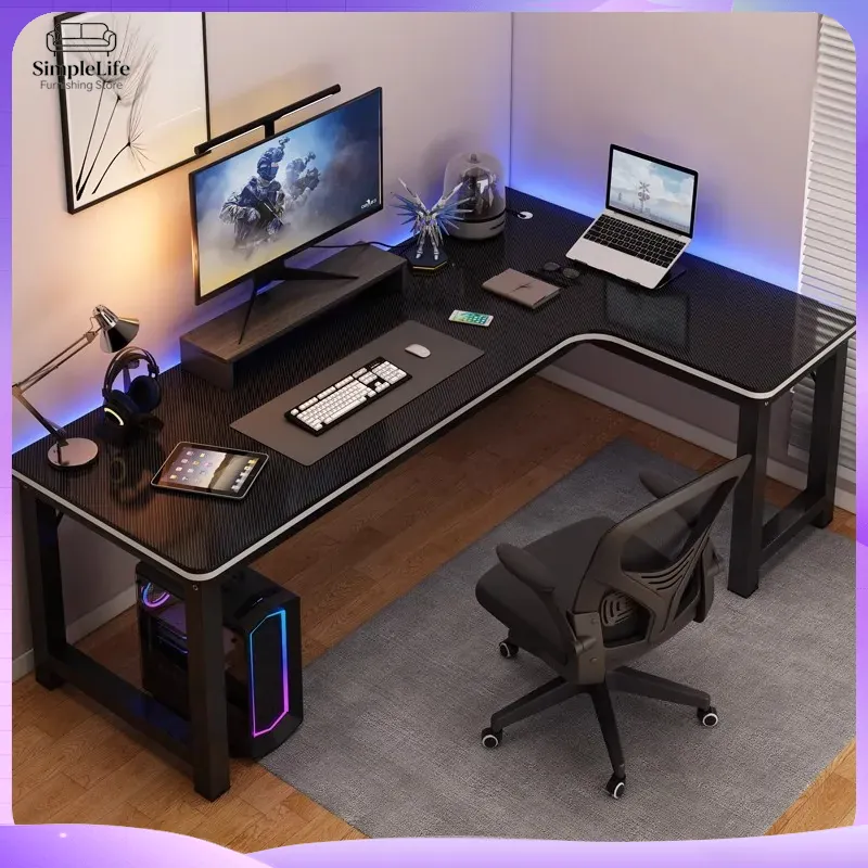 Desk Setup Monitor And Laptop - コーナーゲーミングデスク、PC/ラップトップ用コンピューターデスク、人間工学に基づいた高さ調整可能なデュアルモニターセットアップ、収納付きホームオフィスデスク