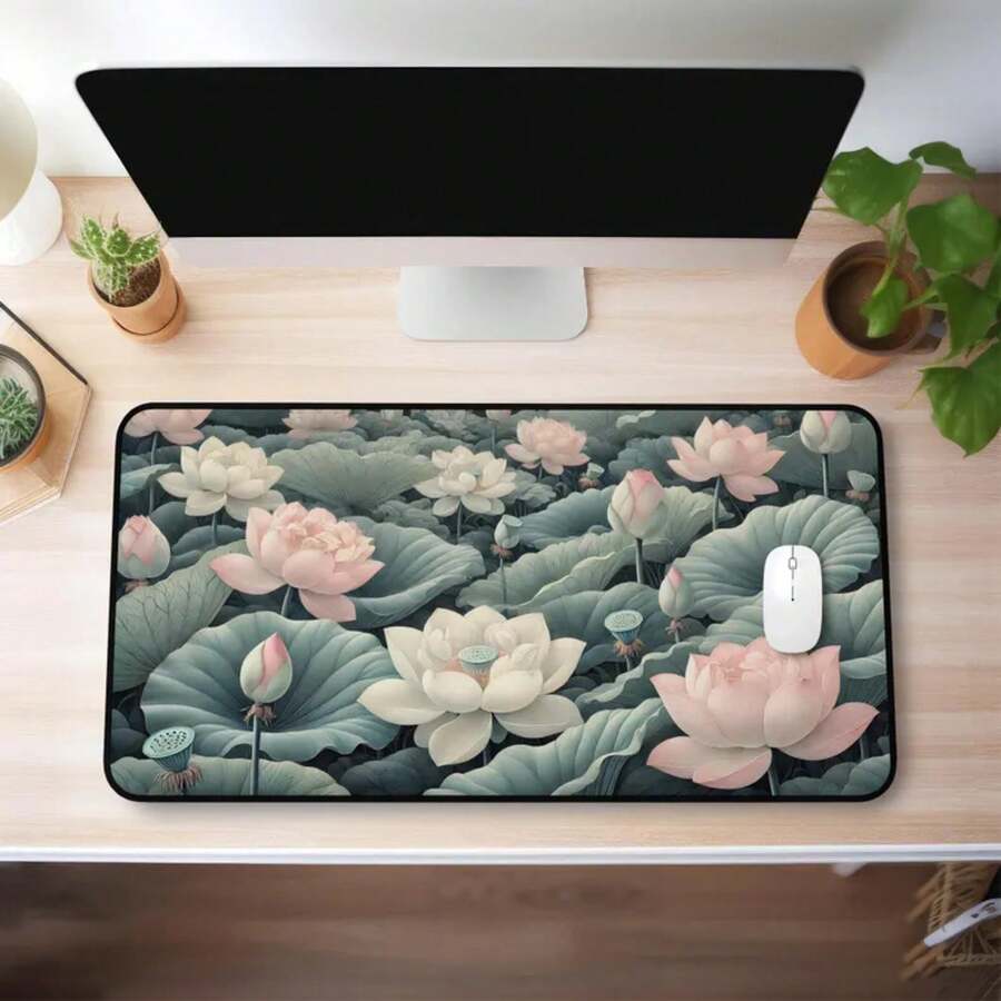 Desk Setup Inspiration - 大きな蓮の花のデスクマット、滑り止めマウスパッド、自然をイメージしたオフィス・ゲーミングセットアップ