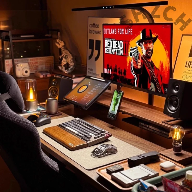Desk Setup Monitor And Laptop - 人間工学に基づいたデスクセットアップのためのモジュラーウォールナットモニタースタンド – オフィスやゲーミング用の高さ調節可能なノートパソコン＆スクリーンライザー
