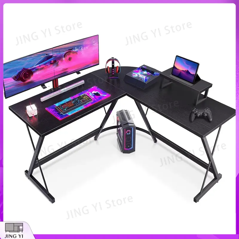 Desk Setup Black And Wood - L字型ゲーミングデスク モニタースタンド付き 127x127x75 cm ゲームセットアップ用コンピューターデスク コーナーデスク