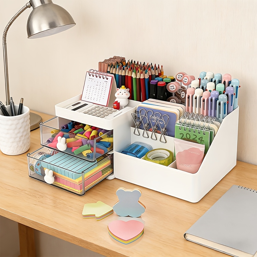 Sticky Memo Holder - かわいいウサギのデスクオーガナイザー ペンホルダー クリア引き出し付き文房具収納ボックス 2個セット 付箋付き