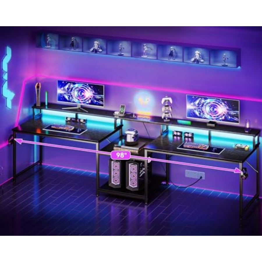 2人用ゲーミングデスク、長さ98インチ、LEDライト付き、人 - Desk Setup Black And Wood のレビューと価格