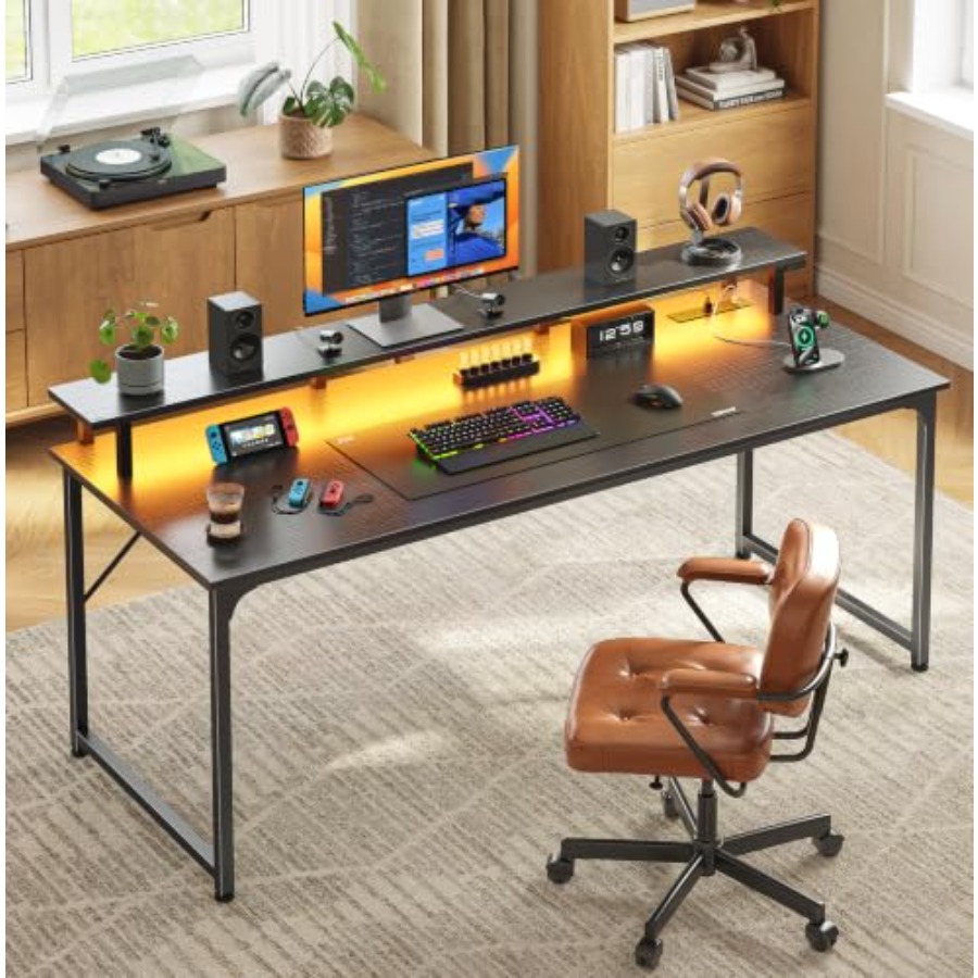 LED照明と内蔵電源コンセントを備えたゲーミングデスク、黒い - Desk Setup Black And Wood のレビューと価格