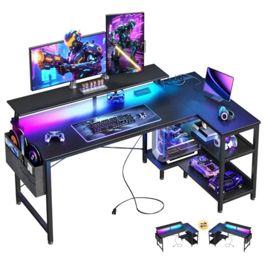 家庭用オフィスに最適な、LEDライトと電源コンセントを備えた - Desk Setup Black And Wood のレビューと価格