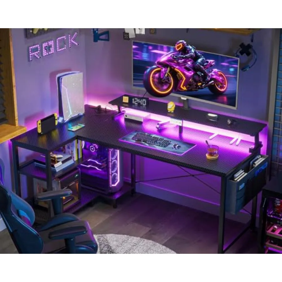 家庭用オフィスに最適な、LEDライトと電源コンセントを備えた - Desk Setup Black And Wood のレビューと価格