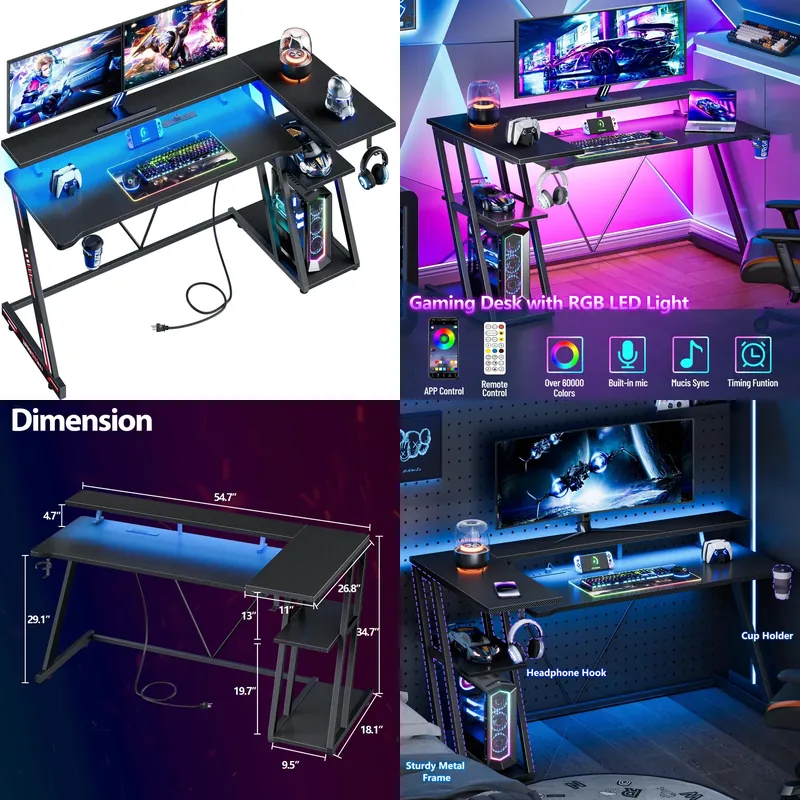 ブラックカーボンファイバー製L字型ゲーミングデスク、LEDラ - Desk Setup Black And Wood のレビューと価格
