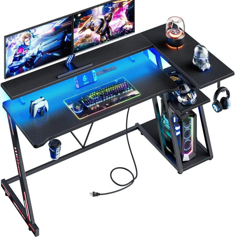 ブラックカーボンファイバー製L字型ゲーミングデスク、LEDラ - Desk Setup Black And Wood のレビューと価格