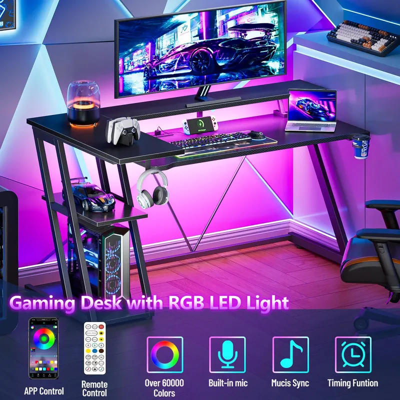 ブラックカーボンファイバー製L字型ゲーミングデスク、LEDラ - Desk Setup Black And Wood のレビューと価格