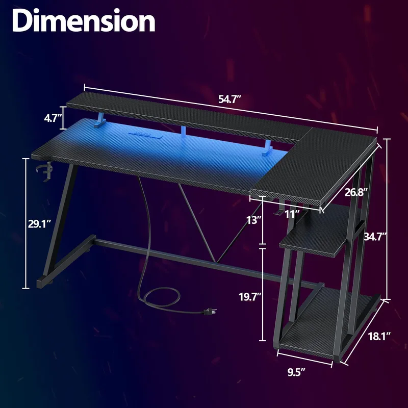 ブラックカーボンファイバー製L字型ゲーミングデスク、LEDラ - Desk Setup Black And Wood のレビューと価格