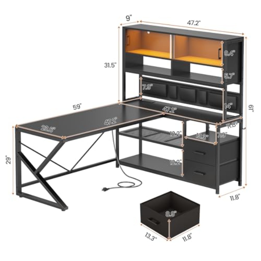 L字型のゲーミングデスク。収納棚付き、引き出し2つ、ゲーミン - Desk Setup Black And Wood のレビューと価格
