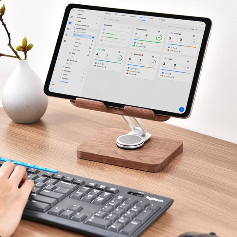 ブラックウォールナット iPad スタンド 360 度付き  - Desk Setup Black And Wood のレビューと価格