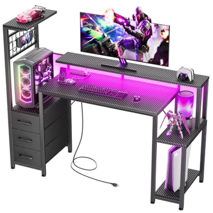 電源コンセントとLED照明を搭載した48インチのゲーミングデ - Desk Setup Black And Wood のレビューと価格